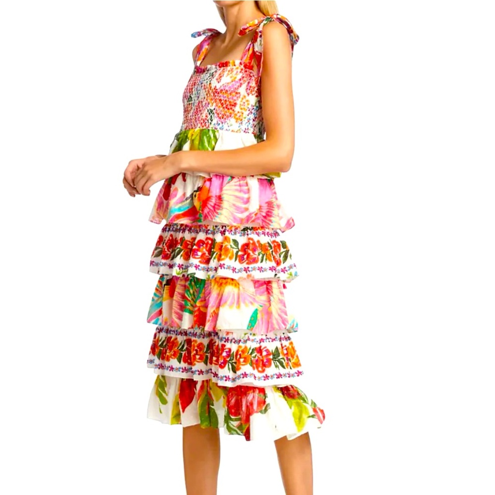 FARM Rio, tie strap tiered layer midi dress